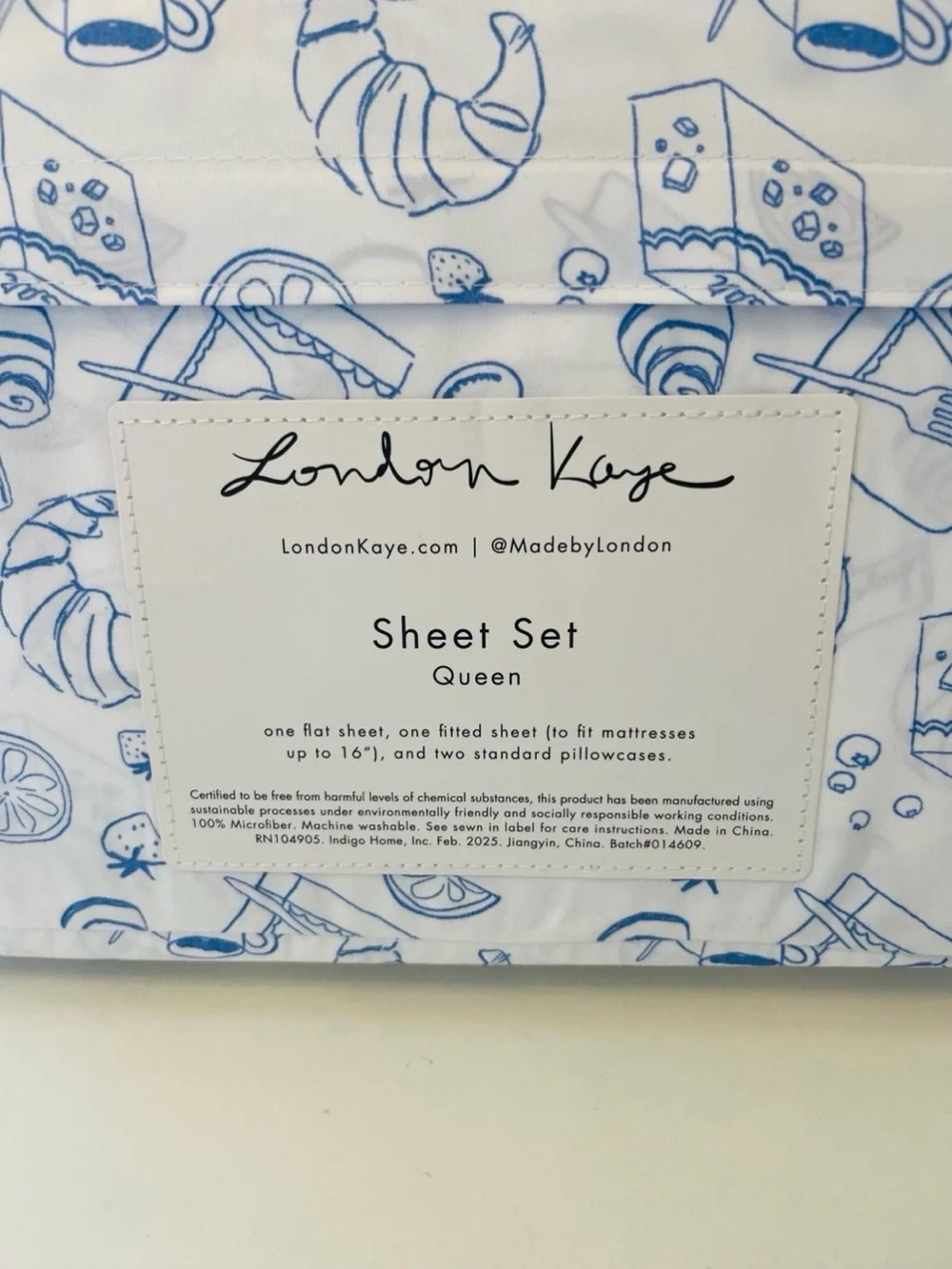 London Kaye Parisian Pastry Queen Size Sheet Set White Blue Coffee Croissant